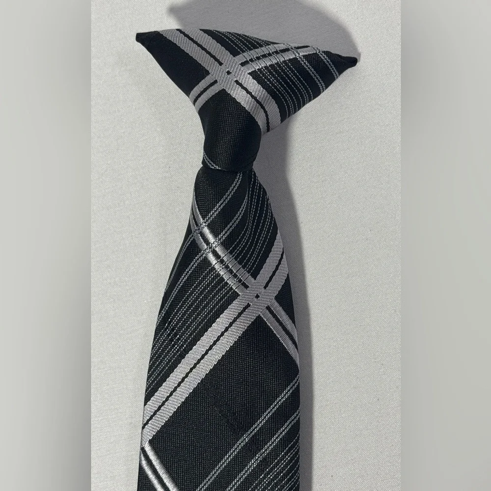 Boys Striped Clip On Tie Necktie Black Gray Plaid 17” Long